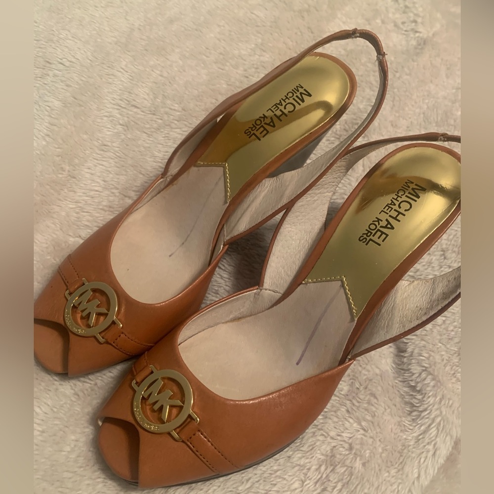 Michael Kors Tan Peep-Toe Wedge Sandals